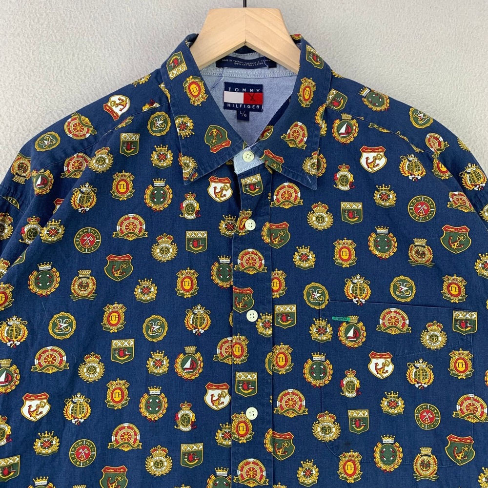 VTG Tommy Hilfiger Crest‎ Print Button Up Shirt Mens Large Blue Preppy Nautical